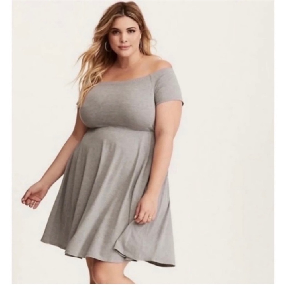 Torrid skater dress gray off the shoulder jersey knit flowy stretch